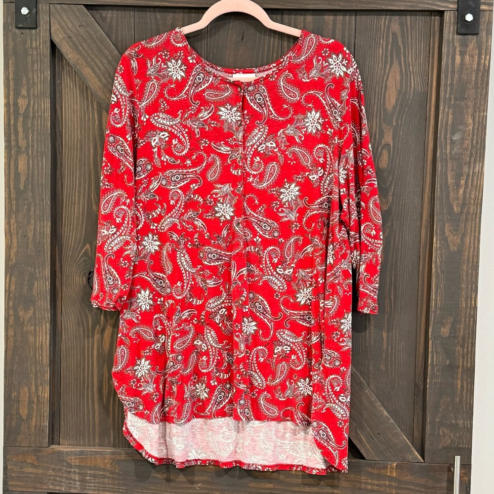 J. Jill Women’s Red Paisley 3/4 Sleeve Tunic Blouse‎ Size Large